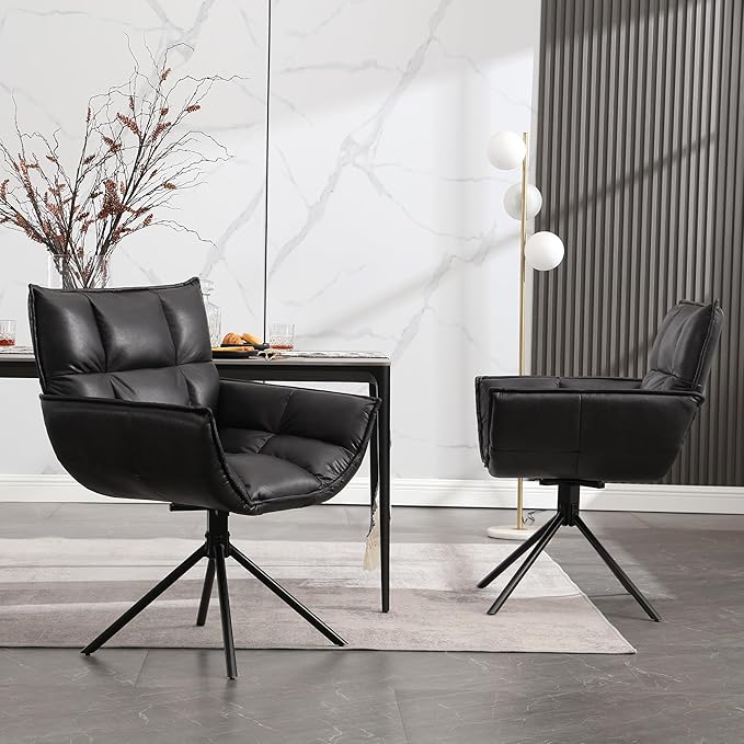 Desk Chair No Wheels, 360° Swivel Mid Century Modern Desk Chairs, Upholstered Faux Leather Swivel Accent Chair with Arms, Criss Cross Office Chair Without Wheels(Black, x1)