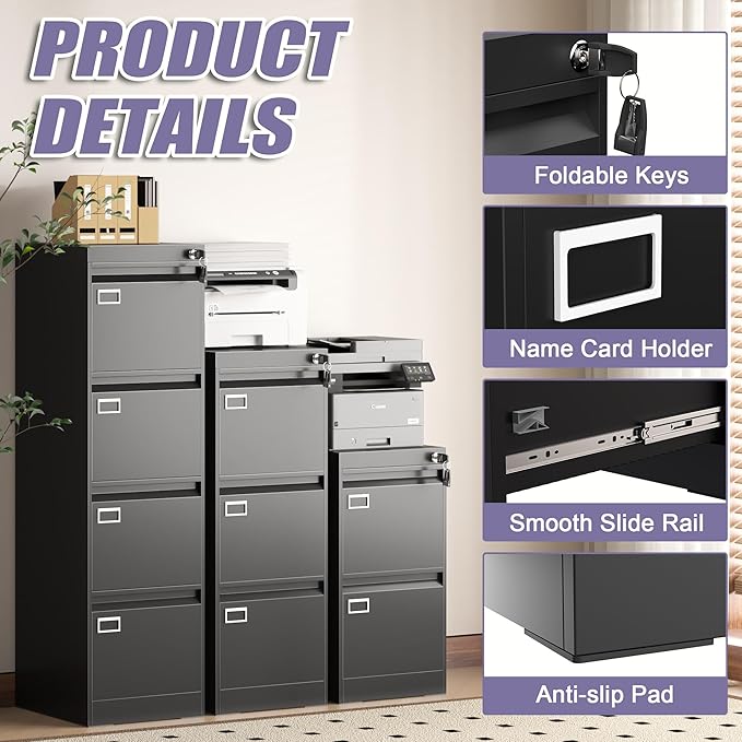 3 Drawer Metal File Cabinet with Lock, Small Locking Filing Cabinets, Vertical File Cabinet with Key, Black Under Desk Filing Cabinets for Home Office