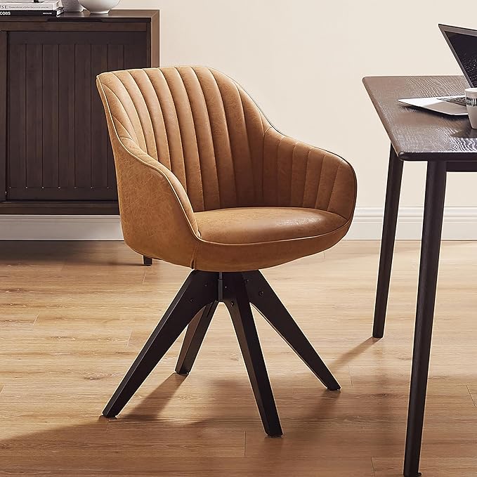 Art Leon Office Chair No Wheels, Mid Century Modern Desk Chair, Swivel Accent Chair with Oak Wood Legs, Faux Leather Upholstered Armchair for Desk, Brown