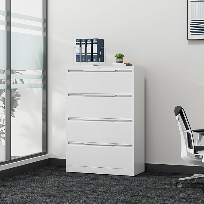 Coolsun Metal Lateral File Cabinet, 4 Drawer File Cabinet with Lock, Wide Filing Cabinet for Home Office, Locking Storage Cabinet for Hanging A4/F4/Letter/Legal, Assembly Required (White, 4 Drawer)
