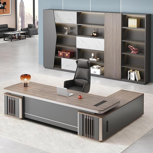 Modern Executive Desk, L Shaped Executive Office Desk with Drawers, Manufactured Wood Computer with Storage Aluminum Alloy Inlaid Curved Surface, Management Working Table (D - Left, L 180cm/70.8in)