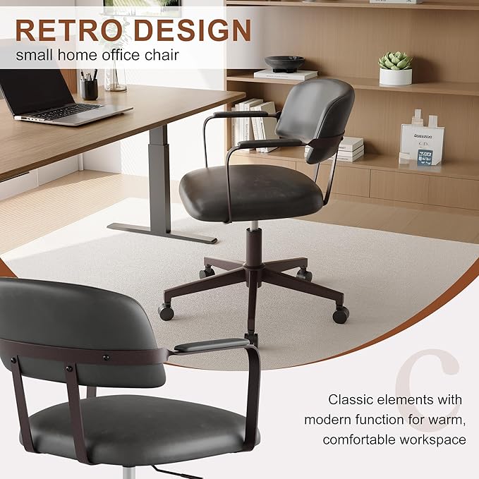 BFZ Mid Century Retro Home Office Desk Chair with Back, Faux Leather Adjustable Height Rolling Swivel Computer Task Armrests Chair for Home Office, BlackGrey