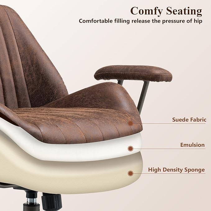 Mid Century Modren Office Chair,High Back Ergonomic Executive Chair with Lumbar Support, Computer Desk Swivel Task Chair with Wheels, Faux Lether Suede Fabric Home Chair (Dark Brown, Mid Back)