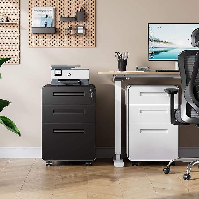 DEVAISE 3-Drawer File Cabinet, Thickened Metal Mobile Filing Cabinet with Lock, Under Desk Cabinet for Home Office, fits A4/Letter/Legal Size, Fully Assembled, 20" D x 15.8" W x 25" H, Black