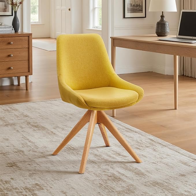 Art Leon Mid Century Modern Desk Chair No Wheels, Swivel Upholstered Armchair with Solid Wood Legs for Home Office, Fabric, Yellow
