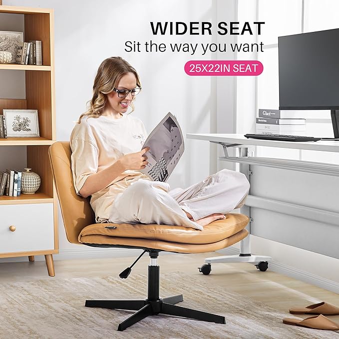 Redlife Leather Swivel Desk Chair Cross Legged Office Chair Wide Accent Chairs Height Adjustable Criss Cross Chairs, Wrapped Double Cushion, for Living Room Bedroom Reading Room (Brown)
