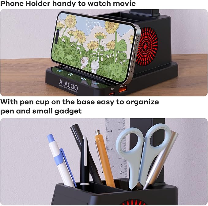 LED Desk Lamp for Office Home, Eye-Caring Desk Light with USB Charging Port & Phone Holder, 3 Color X 4 Brightness, Adjustable Arm, Touch-Control Lamp with RGB Pen Holder for Reading, Bedroom (Black)