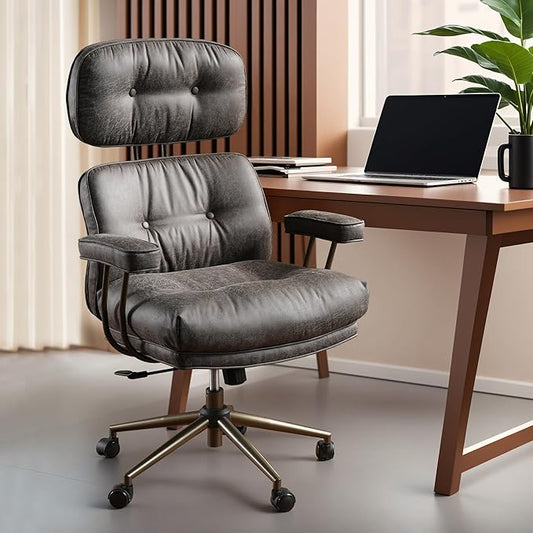 ovios Ergonomic Home Office Chair, Mid-Century Modern Faux Leather Chairs with Thickened Cushions, Comfy High Back Swivel Rolling Executive Computer Armchair (Dark Grey, Suede Leather)