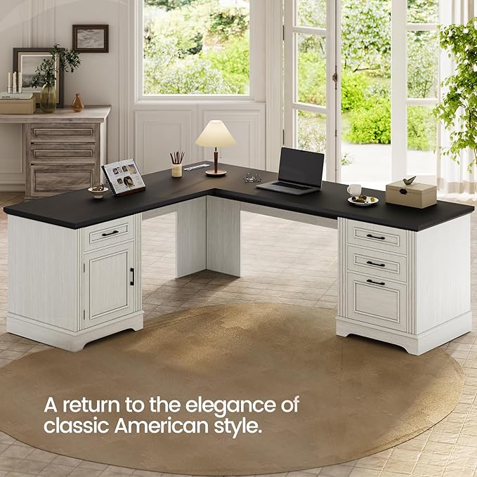 Itaar Farmhouse Executive L Shaped Desk, Home Office Desk with File Drawer and Power Outlet, Computer Corner Desk with Drawers and Storage Cabinet, Workstation for Office Home, White