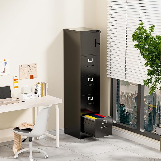 Vertical File Cabinet with 4 Drawers and 1 Door, Metal Filing Cabinet for Home Office, Lockable File Cabinets with Keys for Legal/Letter Size Hanging File Folders, Assembly Required, Black