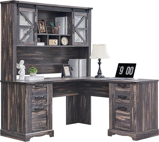 RedLemon 60" Farmhouse L Shaped Desk with Hutch, Wood Home Office Executive Desk with Drawer, Charging Station, File Drawer, Storage Cabinet, Rustic Writing Computer Desk (Dark Rustic Oak)