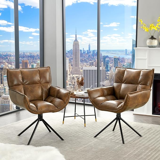 Desk Chair No Wheels, 360° Swivel Mid Century Modern Desk Chairs, Upholstered Faux Leather Swivel Accent Chair with Arms, Criss Cross Office Chair Without Wheels(Dark Brown, x1)