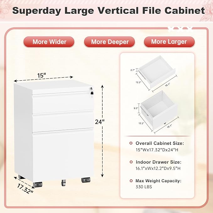 Superday White 3 Drawer Mobile Locking File Cabinet, Metal Rolling Vertical Filing Cabinet with Drawers, Small Under Desk File Cabinets for Office and Home, Fully Assemble