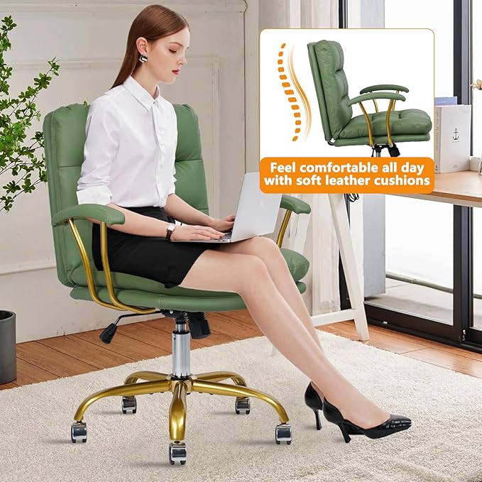 Leather Home Office Desk Chair, Mid-Back Vanity Chair Make Up Chair with Gold Wheels & Removable Armrests, Rolling Swivel Computer Task Chair for Office Bedroom Living Room Girls Women, Green