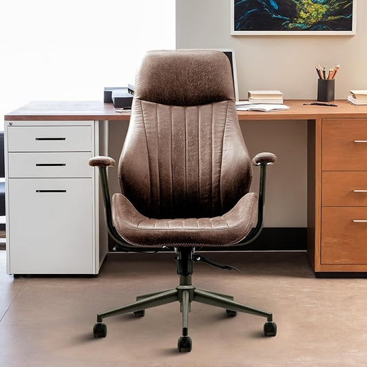 Mid Century Modren Office Chair - Fuax Leather Suede Brown Executive Chairs Ergonomic Mid Back with Lumbar Support, Swivel Computer Desk Task Chair with Wheels for Home Office (Dark Brown, Hign Back)