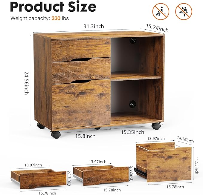 File Cabinet with 3 Drawers, Mobile Lateral Filing Cabinet with Open Storage Shelves for Home Office Under Desk Storage, Brown