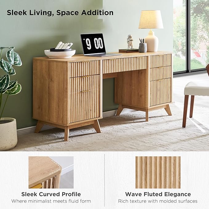 T4TREAM 60'' Fluted Executive Desk with Drawers, Modern Home Office Computer Desk with Charging Station, Keyboard Tray, File Drawer and Storage Cabinet for Study, Living Room, Bedroom, Natural Oak