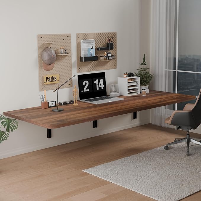 IAE 48" x 22" Floating Foldable Desk,Wall-Mounted Folding Computer Table with Engineered Wood,Study Table with Shelf Brackets,Fold Down Shelf,Fold Computer Desk for Small Spaces,Holds 500 lb,Brown