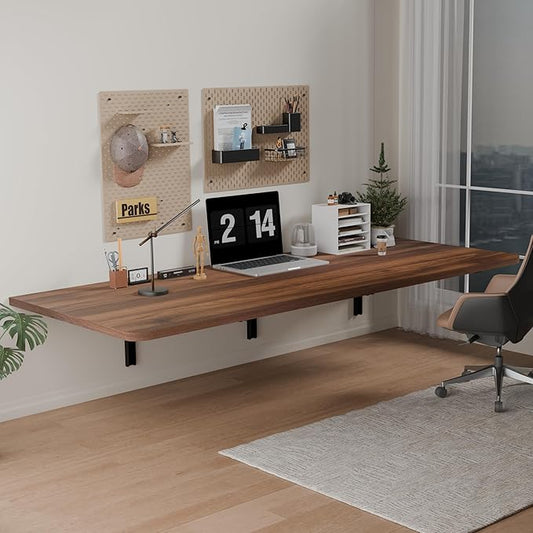 IAE 48" x 22" Floating Foldable Desk,Wall-Mounted Folding Computer Table with Engineered Wood,Study Table with Shelf Brackets,Fold Down Shelf,Fold Computer Desk for Small Spaces,Holds 500 lb,Brown