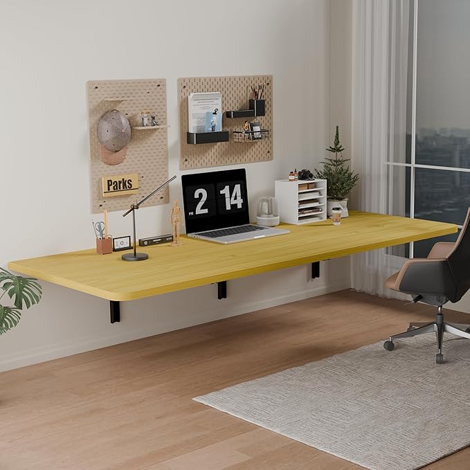 IAE 55" x 22" Floating Foldable Desk,Wall-Mounted Folding Computer Table with Engineered Wood,Study Table with Shelf Brackets,Fold Down Shelf,Fold Computer Desk for Small Spaces,Holds 500 lb,Natural
