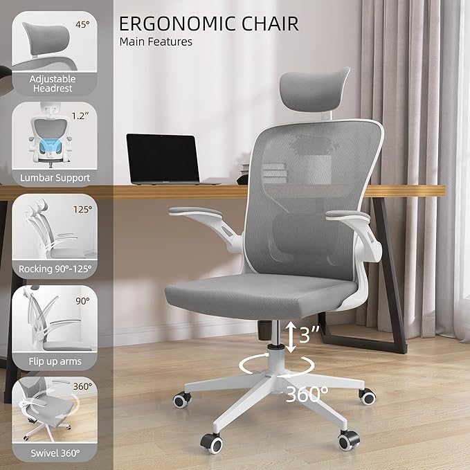 Office Chair Ergonomic Desk Chair, 350 LBS Mesh Office Chair with Lumbar Support, Comfy Desk Chair with Wheels, Big and Tall Chair for Study Work Gaming (03Grey)