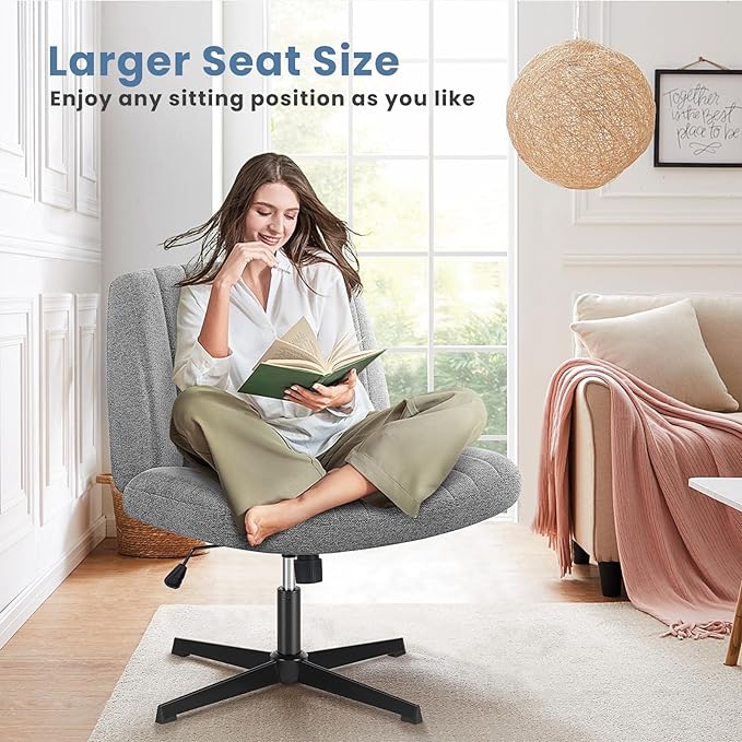 DUMOS Criss Cross Legged Office Chair, Armless Wide Seat No Wheels, Modern Home Desk Seating Swivel Height Adjustable Fabric Vanity for Bedroom
