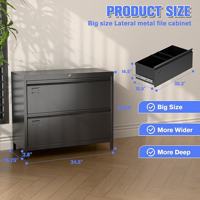 SUXXAN Metal 2 Drawer Lateral File Cabinet with Lock & Adjustable Feet - Wide Filing Cabinet for Letter/Legal/F4/A4 Hanging Files - Includes Business Card Holder,Home Office School Storage,Black