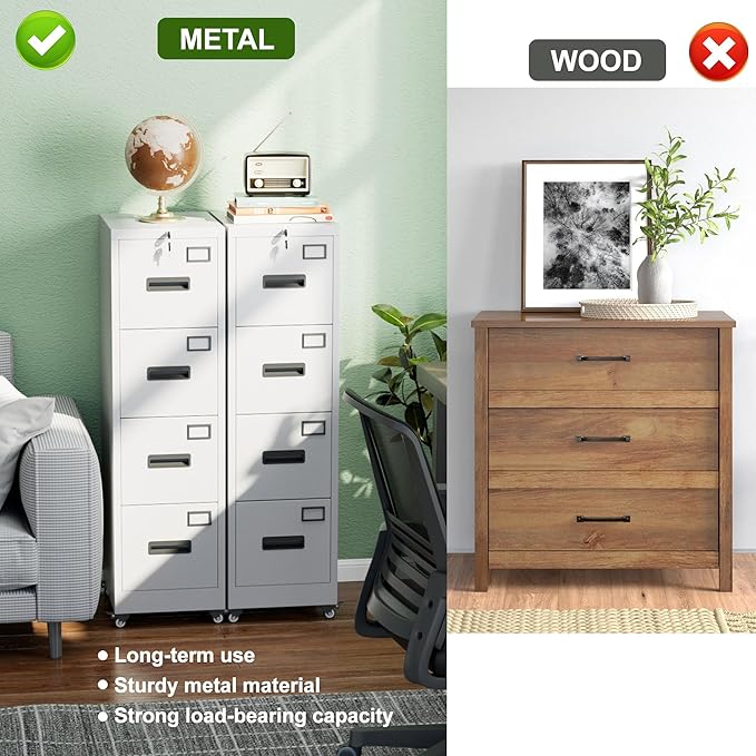 Aobabo 4 Drawer File Cabinet with Wheels, Lockable Metal Filing Cabinet with Name Card for Office and Home,Required Assembly,White