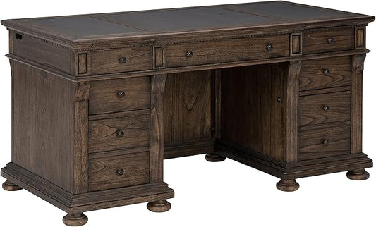 Hekman Furniture Wellington Estates Junior Executive Desk with Leather Top, Traditional Wooden Writing Desk, Small Home Office Desk with Drawers, Desk with Pull-Out Writing Surface
