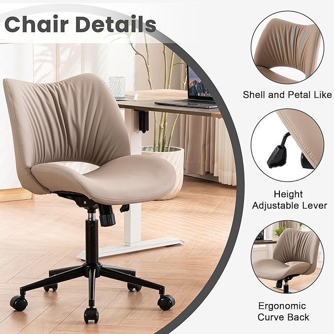 Rowill Armless Office Desk Chair, Ergonomic PU Leather Modern Task Chair with Back Adjustable Height, 360° Swivel Vanity Chairs with Wheels for Small Space, Home Office, Bedroom, Khaki