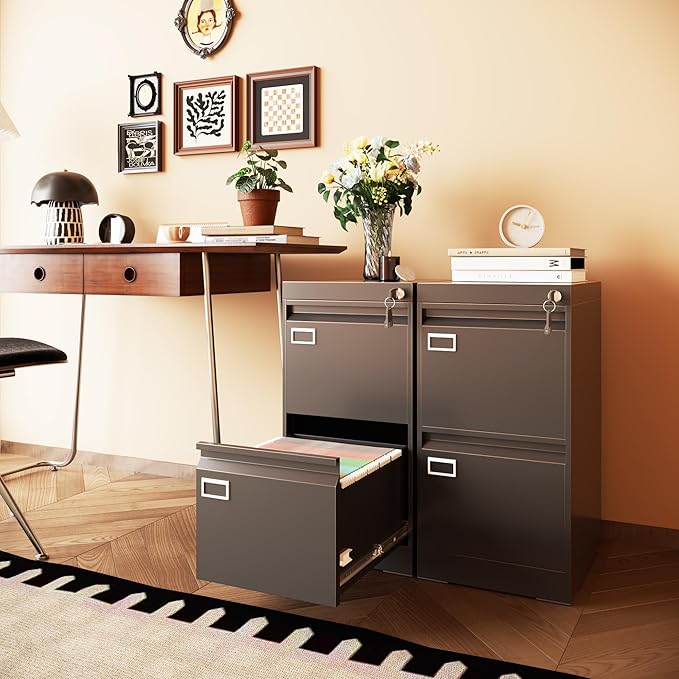 2 Drawer Metal File Cabinet with Lock, Black Locked Filing Cabinets, Vertical Small File Cabinet with Key, Under Desk Filing Cabinets for Home Office