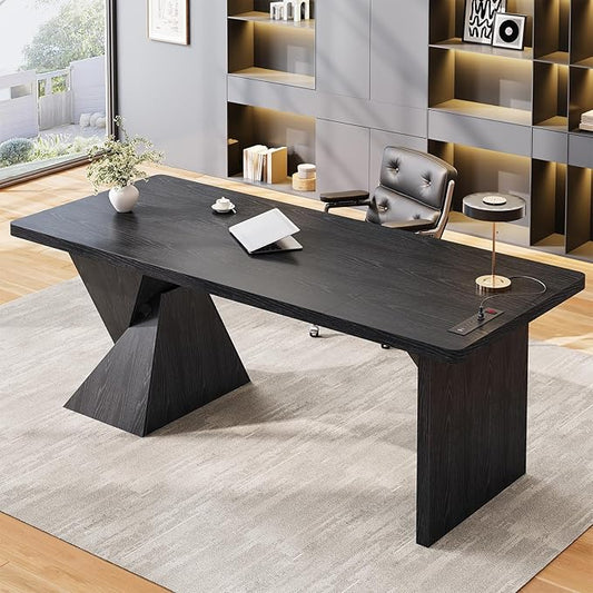 70.9 Inch Executive Desk, Large Home Office Desks with Power Outlet, Modern Aesthetic Computer Writing Table Workstation Business Furniture