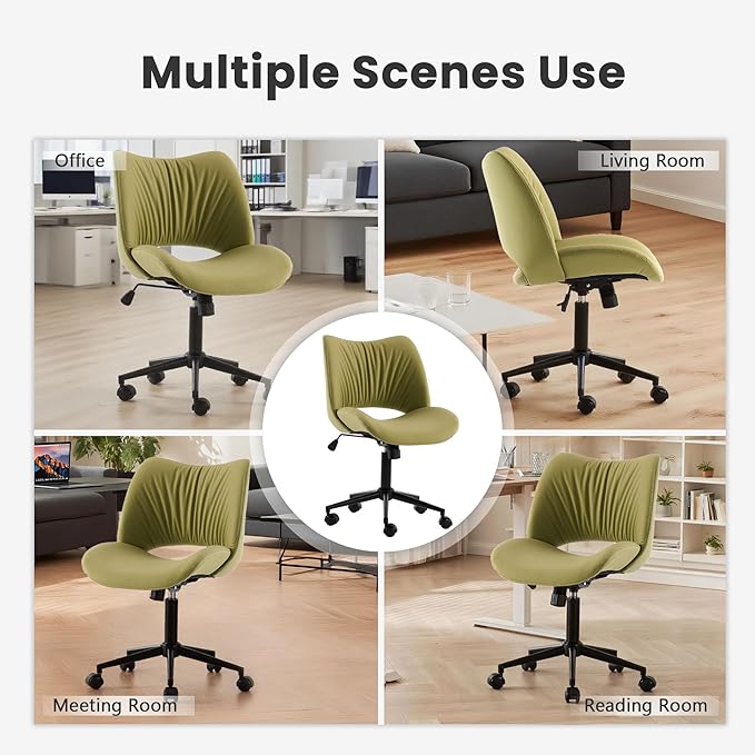 Rowill Armless Office Desk Chair, Ergonomic PU Leather Modern Task Chair with Back Adjustable Height, 360° Swivel Vanity Chairs with Wheels for Small Space, Home Office, Bedroom, Avocado Green