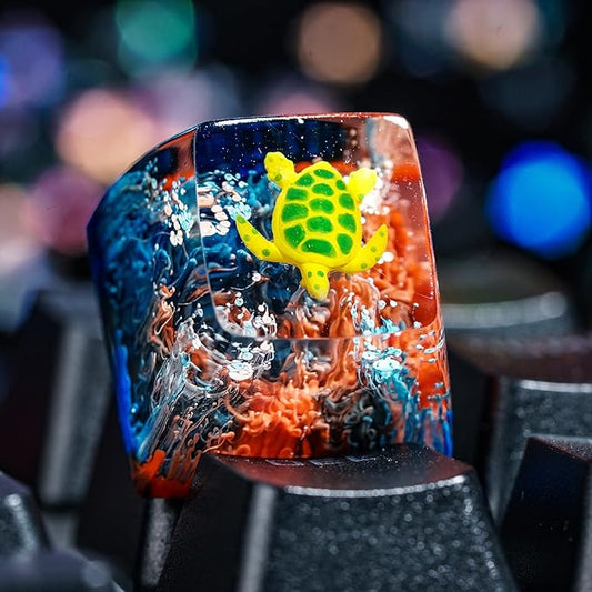 Sea Turtle Artisan Keycap Black and Red Coral Reef R1 SA Profile Custom Sea Creatures Keycaps 1U ESC Handmade Gaming Resin Key Cap Cherry MX Switch Compatible Mechanical Keyboard Turtle Lover Gift