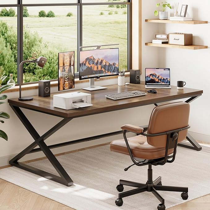 IBF Wood Large Computer Desk, 70.8” Long Home Office Desk for Two Person, Farmhouse Work Study Writing Table in Bedroom, Simple Wide Metal Executive Double PC Gaming Workstation, Rustic Oak