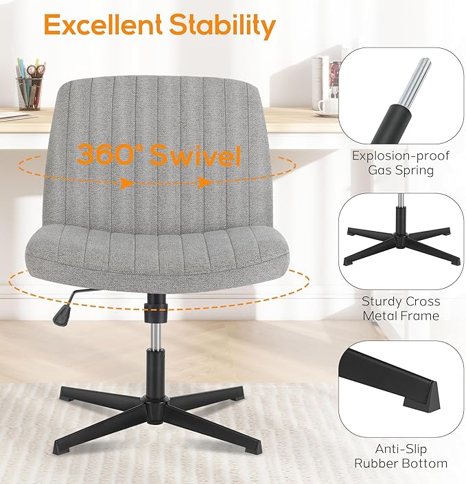 DUMOS Criss Cross Chair Legged Office Wide Comfy Desk Seat, No Wheels Armless Computer Task Seating, Swivel Vanity Home Height Adjustable