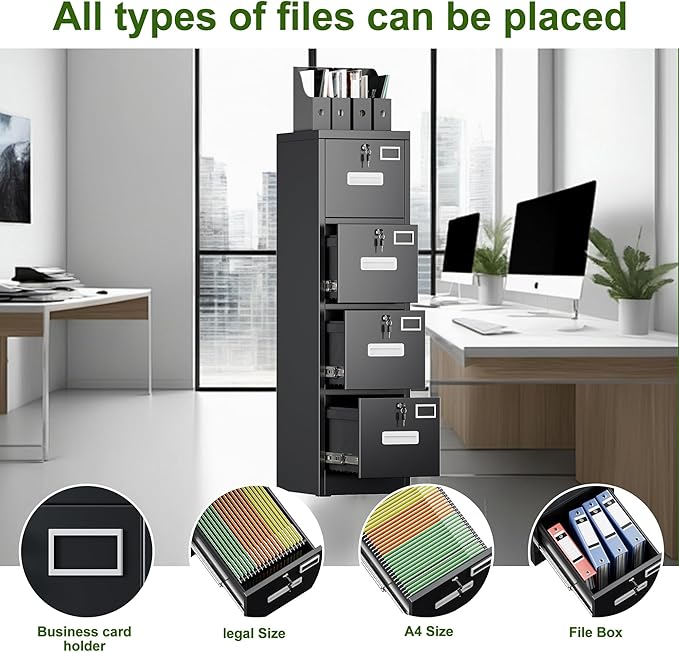 Aobabo 4 Drawer File Cabinet, Metal Filing Cabinet with Lock for Office Letter/Legal Size,Black,Required-Assembly