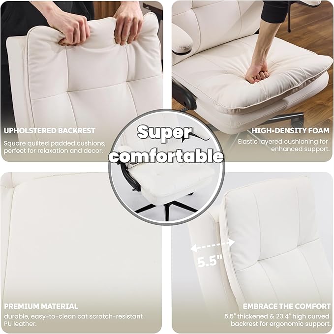 VINGLI Comfy White Leather Office Desk Chair, High-Back Support Ergonomic Computer Task Gaming Chair,with Removable wheels,360° Swivel,Adjustable Height,Flip-Up Arms,for Adults,Teen,Vanity,Home Office