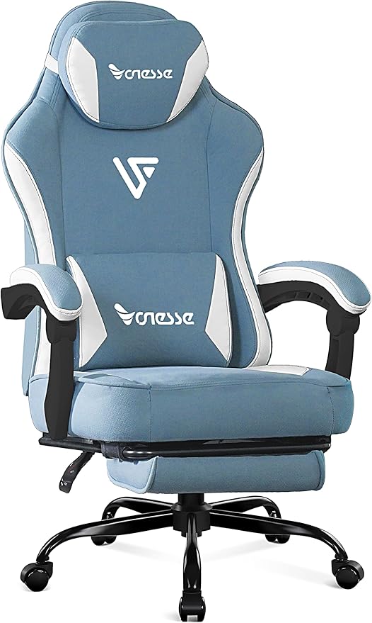 Vonesse Gaming Chair, Computer Chair Fabric with Pocket Spring Cushion, Office Chair with Footrest and Massage Lumbar Support, Reclining Gaming Chairs for Adults 250LBS (Blue)