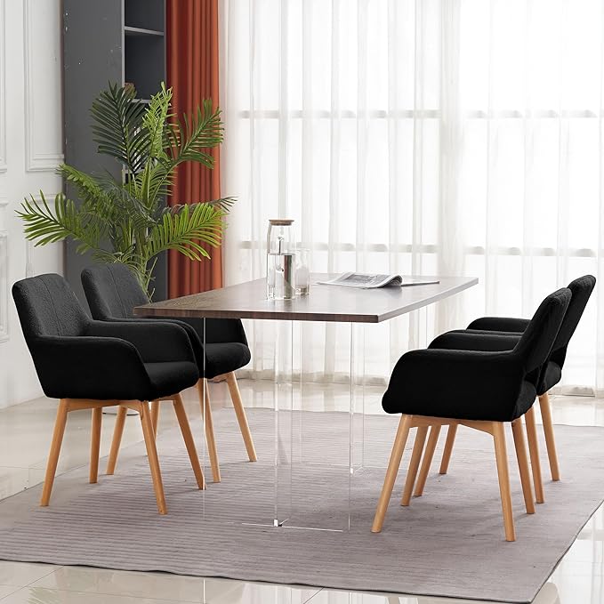 Mid Century Modern Dining Chairs Set of 4 & 2 & 6 Comfy Accent Chair Upholstered Kitchen Dining Living Room Chairs for Bedrooms Waiting Room Home Arm Desk Chair No Wheels (Wool Black, 4)