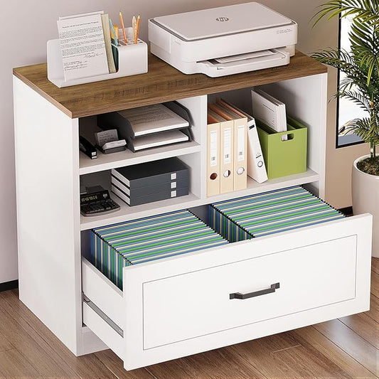 LVB Wood Lateral File Cabinet with Drawer, Wide Filing Cabinet for Letter/Legal/A4/F4 Size, Farmhouse Office Storage File Cabinet Printer Stand with Open Shelf in Home, 32.7 Inch, White and Rustic Oak
