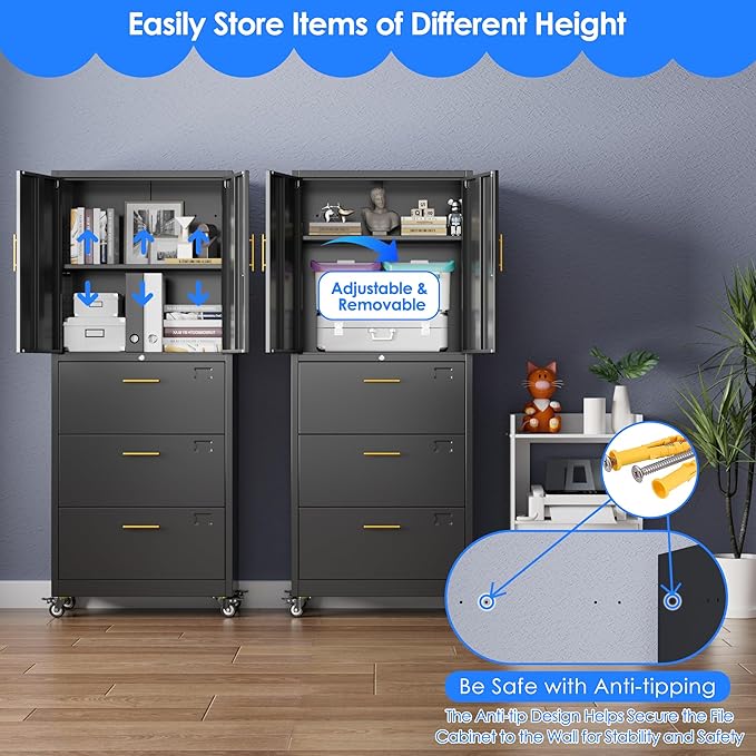 METAN Metal File Cabinet with 3 Drawers and 1 Shelves,Office Filing Cabinet on Wheels with Lock,Office Storage for Letter/Legal Size,Assembly Required,Black