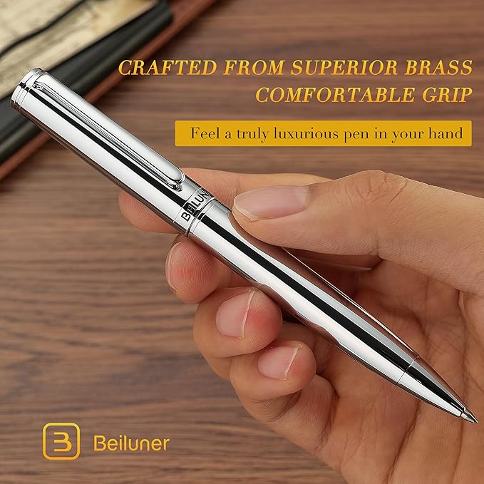 BEILUNER Silver Gel Pen - Luxury Featuring Bright Chrome Finishes, Black Ink Refill, Best Pen Gift Set for Men & Women, Business Signature, Executive, Office Retractable,Nice Fancy Designer Pens