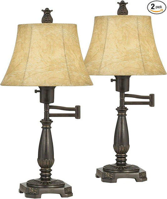 Regency Hill Traditional Rustic Natural Cottage Swing Arm Desk Table Lamps 22.5" High Set of 2 Bronze Brown Faux Leather Bell Shade Decor Living Room Bedroom House Bedside Nightstand Home