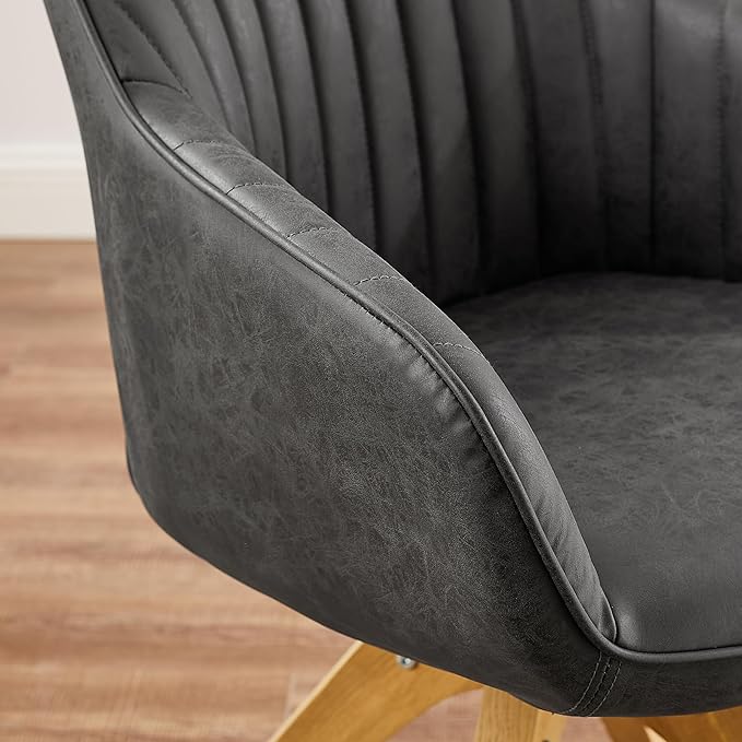 Art Leon Office Chair No Wheels, Mid Century Modern Desk Chair, Swivel Accent Chair with Oak Wood Legs, Faux Leather Upholstered Armchair for Desk, Black