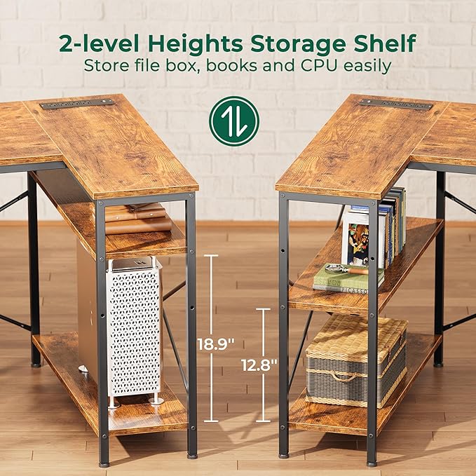 Huuger L Shaped Desk with Power Outlets, 63 Inch Reversible Computer Desk with 3 Drawers and Shelves, Home Office Table for Corner Work Study Writing Gaming, Rustic Brown