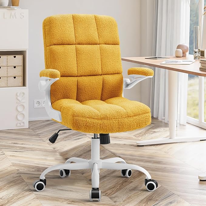 SEATZONE Comfy Office Chair,Yellow Small Desk Chair with Flip-up Armrests Adjustable Swivel Computer Chair for Home,Office,Bedroom