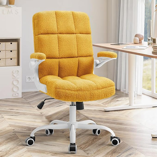 SEATZONE Comfy Office Chair,Yellow Small Desk Chair with Flip-up Armrests Adjustable Swivel Computer Chair for Home,Office,Bedroom