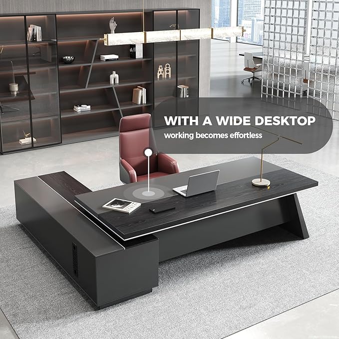 L Shape Executive Desk with Drawers – Modern Large Office Desk for Home Office, Spacious Computer Workstation with Storage Cabinets, Black Finish (Black/Right, 79" L * 63" W * 30" H)