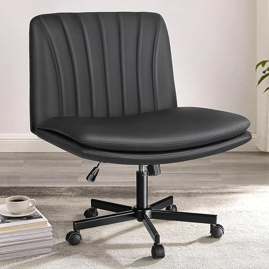 PUKAMI Criss Cross Chair with Wheels,PU Leather Armless Cross Legged Office Desk Chair for Home Office,Modern Swivel Height Adjustable Wide Seat,Grey